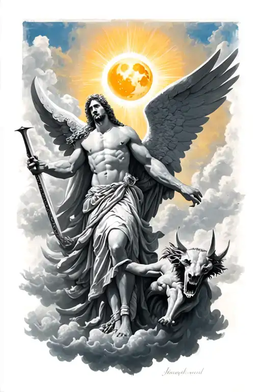 Saint Micheal slaying the devil with clouds and the sun and moon tattoo design idea