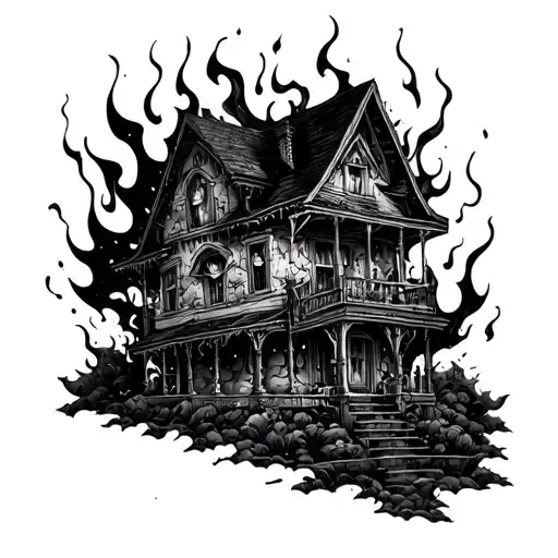 shoulder tattoo, burning house with distortion effects and floating eyes around it  tattoo design idea