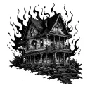 shoulder tattoo, burning house with distortion effects and floating eyes around it  tattoo design idea