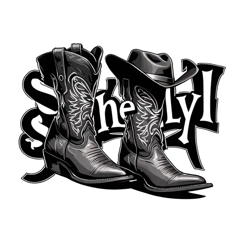 "Shelly" "Shelly" on cowboy boots and a hat tattoo design idea