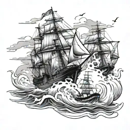 US Naval ships sailing towards a burning tattoo design idea