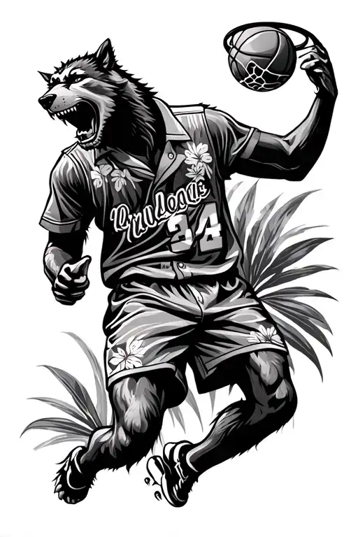 werewolf in Hawaiian shirt slam dunking basketball tattoo design idea