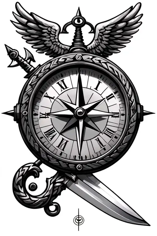 Greek compass clock with arrows pointing at 5:55 and dagger going through with Greek wings as handle.  tattoo design idea