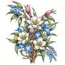 weeping willow branches with tulips and forget me knots tattoo design idea