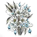 weeping willow branches with tulips and forget me knots tattoo design idea