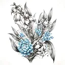 weeping willow branches with tulips and forget me knots tattoo design idea
