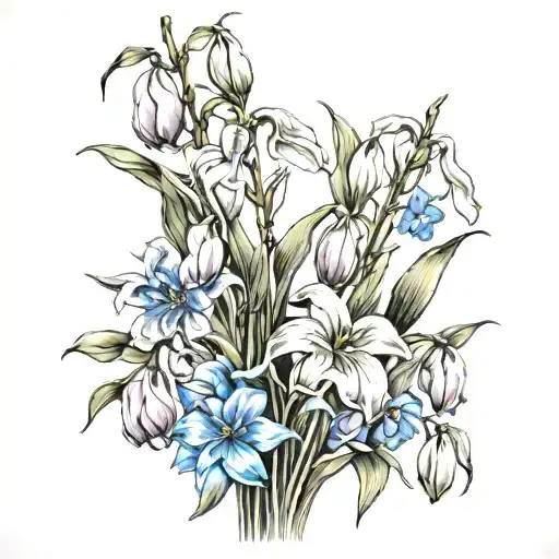 weeping willow branches with tulips and forget me knots tattoo design idea