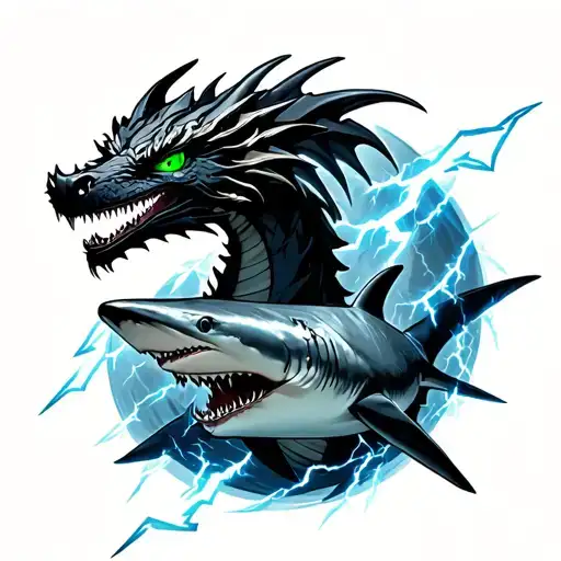 a Black dragon with bright green eyes surrounded by lightning and a silver shark with bright blue eyes tattoo design idea