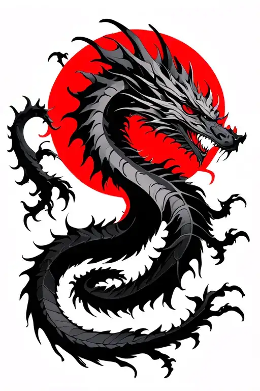 black and red. a dragon, some kind of lung dragon, red sun, abstraction, negative space tattoo design idea
