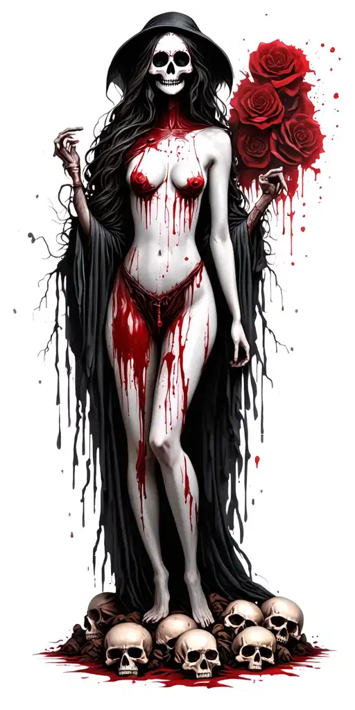 topless female grim reaper full body with a sugar skull painted face standing on a pile of bloody skulls in the woods tattoo design idea