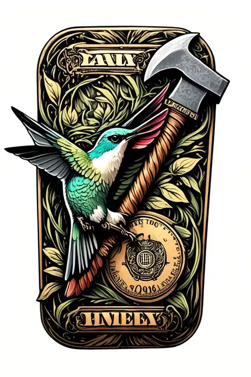 gold moneybar with a pix axe humming bird on the handel tattoo design idea