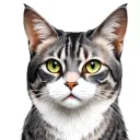 manx cat grey and white bust, white whiskers, white triangular chest fur, lynx like strip pattern, gold and green eyes tattoo design idea