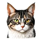 manx cat grey and white bust, white whiskers, white triangular chest fur, lynx like strip pattern, gold and green eyes tattoo design idea