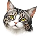 manx cat grey and white bust, white whiskers, white triangular chest fur, lynx like strip pattern, gold and green eyes tattoo design idea