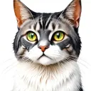 manx cat grey and white bust, white whiskers, white triangular chest fur, lynx like strip pattern, gold and green eyes tattoo design idea