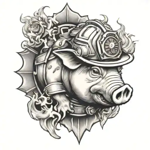 firefighter pig wearing helmet engulfed in flames but girly tattoo design idea