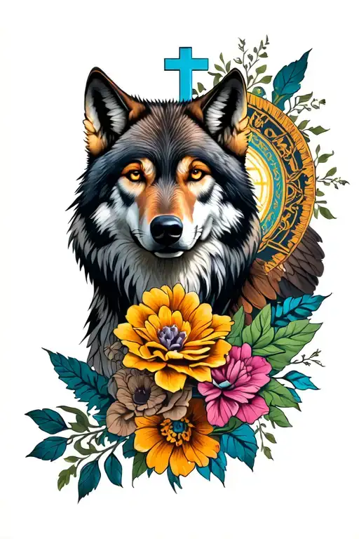 A wolf, with flowers and a cross and around it details as if it had light and an eagle with a serious face for the biceps tattoo design idea