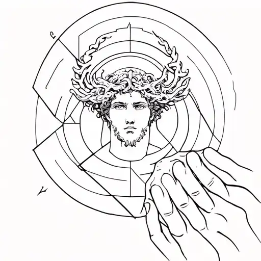 Perseus with the head of Medusa internal to geometric forms in his hand tattoo design idea
