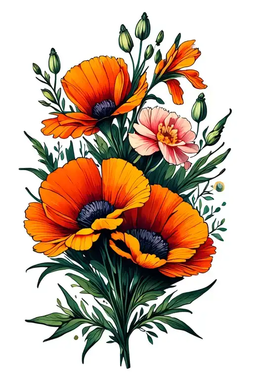 marigold poppy gladiolus cosmos carnation snowdrop flowers tattoo design idea