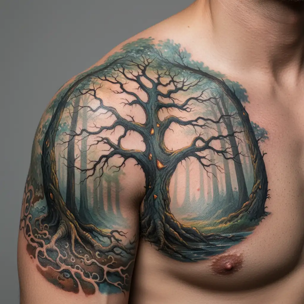 nordic ash tree yggdrasil in center forest in background tattoo design idea