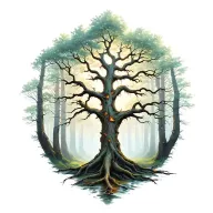 nordic ash tree yggdrasil in center forest in background tattoo design idea