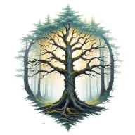 nordic ash tree yggdrasil in center forest in background tattoo design idea