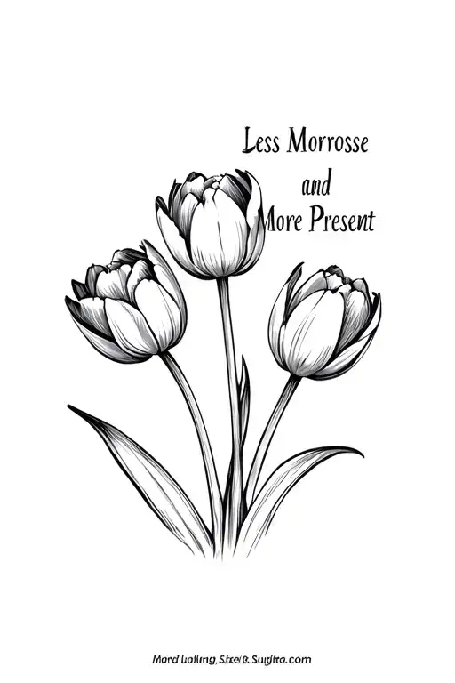 Three tulips with a quote going up the stem, "Less Morose and More Present" tattoo design idea