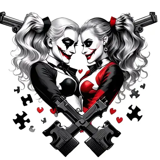 Harley Quinn and joker holding pistols cross each other as a symbol of there love with puzzle pieces falling out of pict tattoo design idea