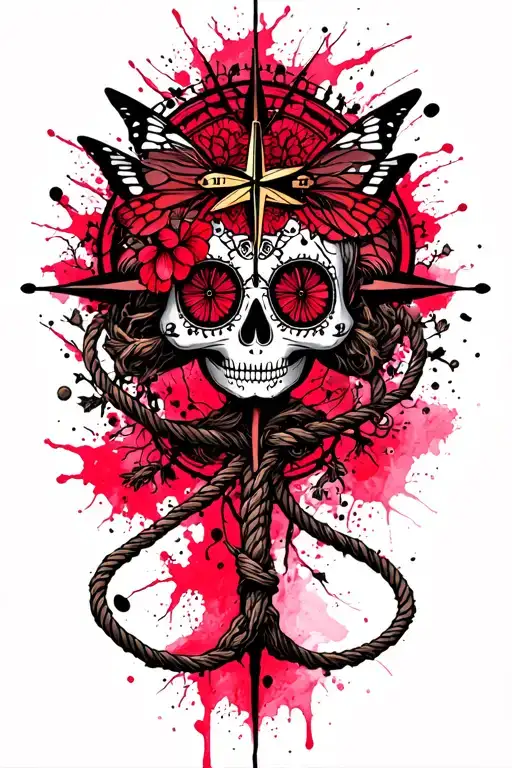 Left cuff, tree of life, sea rope, compass, wind pink, santa muerte, butterfly with the head of the head of Mo tattoo design idea