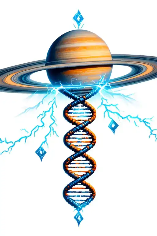A tattoo with the image of a woven DNA chain surrounded by the rings of Saturn. Lightning of uranium passes through the composition. tattoo design idea