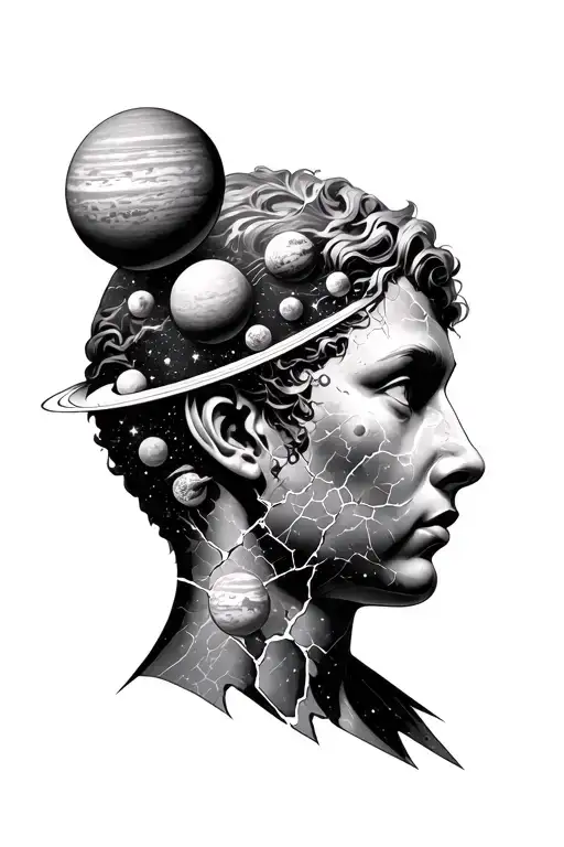 An staty head that is cracked that has planets and stars in it, space symbolizes overthinking  tattoo design idea