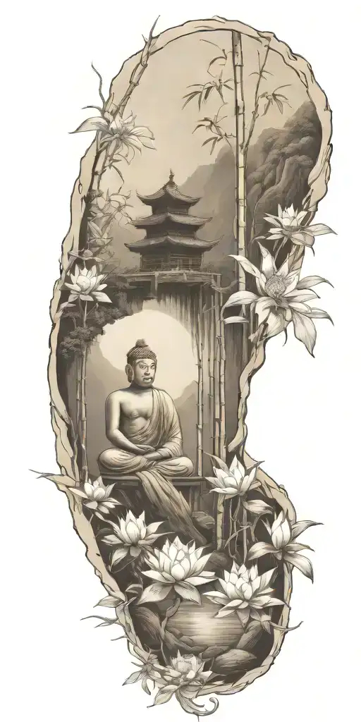 buddhist inpired tattoo focusing on scenary of nature, bamboo, water, and with lotus, koi fish, and small budda tattoo design idea