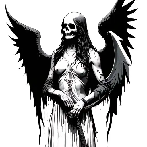 dark angel of death tattoo, imagine a shadowy figure with large, tattered wings, maybe holding a scythe, with a skull or tattoo design idea