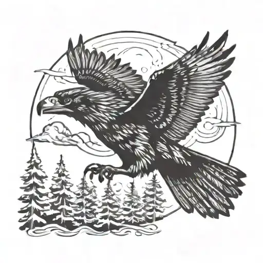 wolf, forest, crow flying eagle tattoo design idea