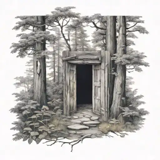 door open surrounded by forest tattoo design idea