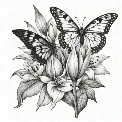 tulips and lilys & butterflys tattoo design idea