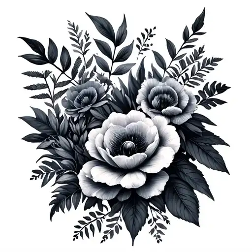 bush of dark flowers, leaves and various vegetation tattoo design idea