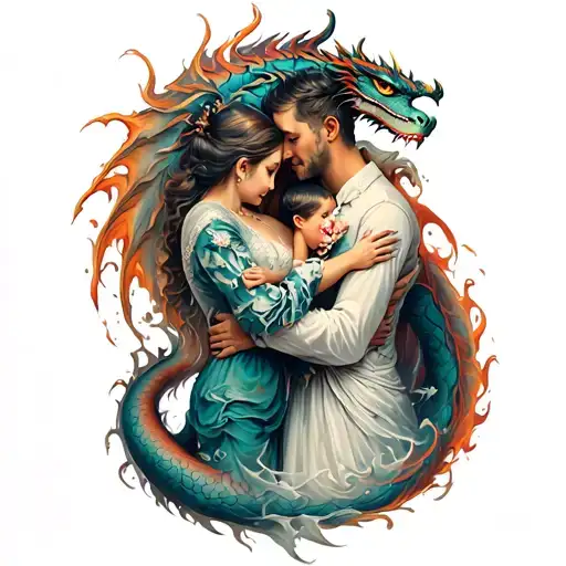 a tattoo from shoulder to hand, a married couple hugs their sons, a dragon bursts out of her husband, which protects and tattoo design idea