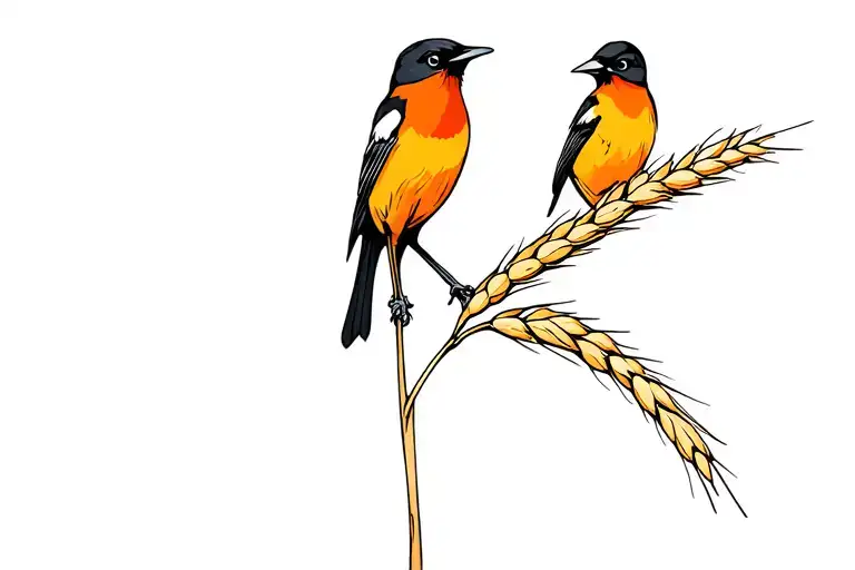 male Baltimore Oriole on bearded wheat stalk in color tattoo design idea