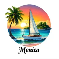 "Monica" white sailboat, sunrise, ocean, small island palm, beach.  Letters in color bubble in design tattoo design idea