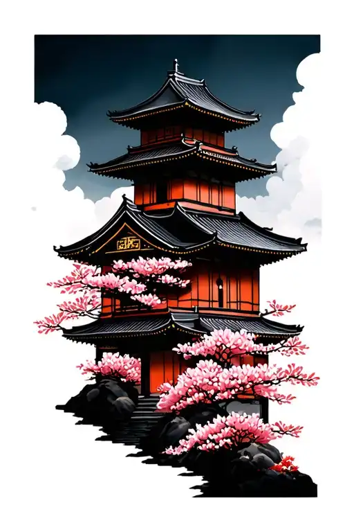 japanese castle Sakura flowers samouraï tattoo design idea