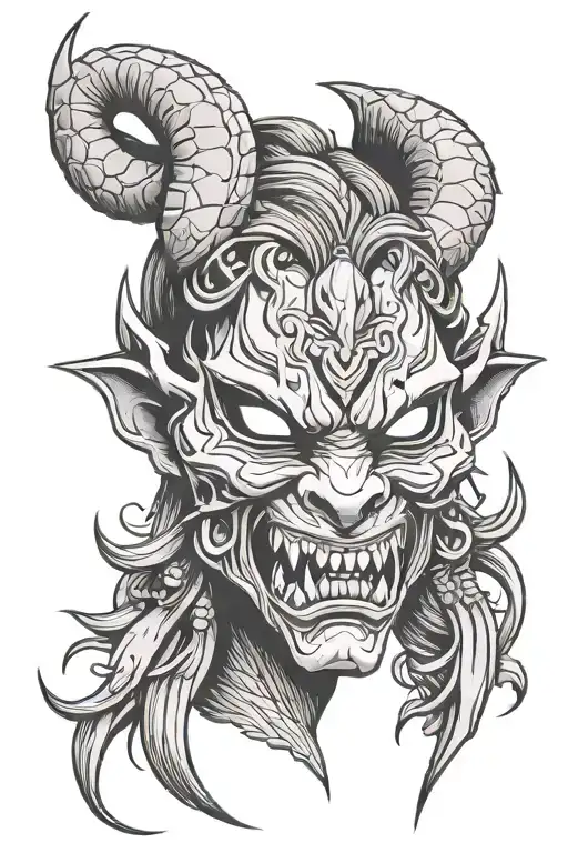 snarling oni mask slashed. traditional female face in the center. small nose. squinting eyes.  tattoo design idea