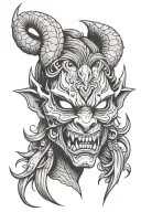 snarling oni mask slashed. traditional female face in the center. small nose. squinting eyes.  tattoo design idea
