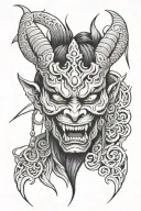 snarling oni mask slashed. traditional female face in the center. small nose. squinting eyes.  tattoo design idea