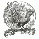 Drawing of a phoenix bird inside a tree of life in black and white tattoo design idea
