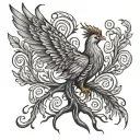 Drawing of a phoenix bird inside a tree of life in black and white tattoo design idea