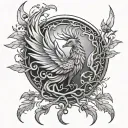 Drawing of a phoenix bird inside a tree of life in black and white tattoo design idea