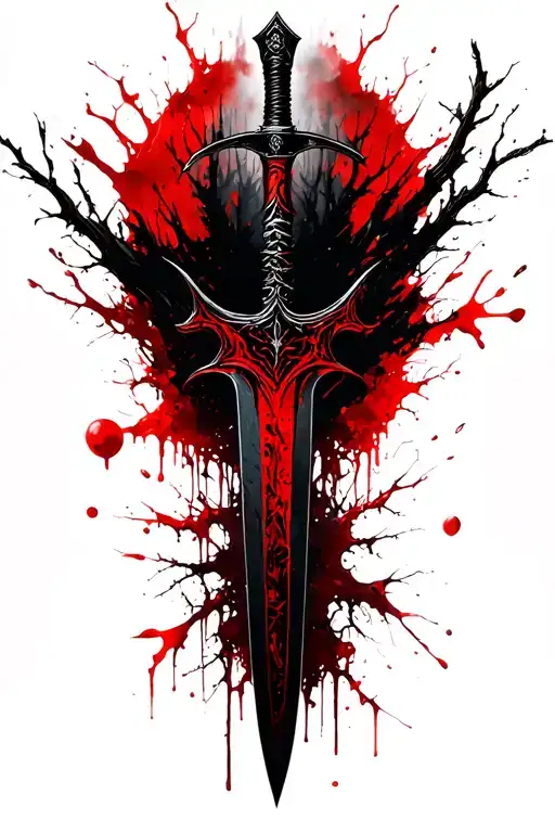 long dagger on the forest, covered blood, elf tattoo design idea