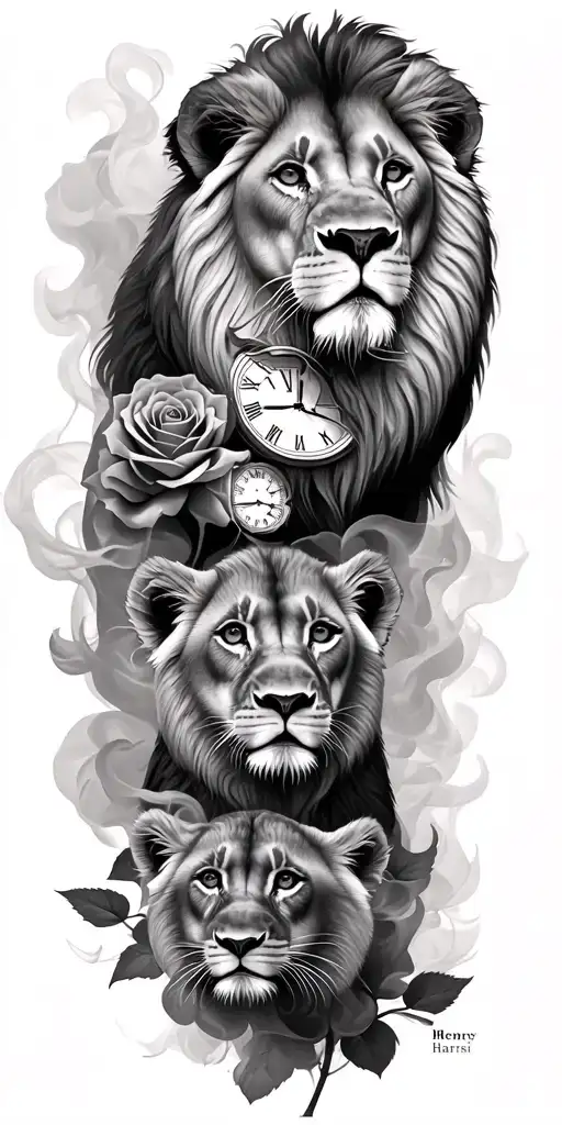 1 lion 3 cubs    3 clocks. and the names Henry Harris Isabella.    smoke roses tattoo design idea