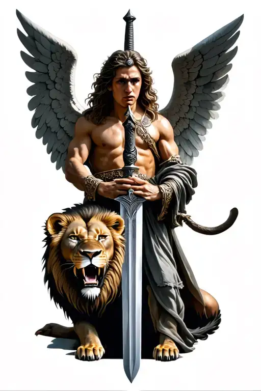 guardian angel holding a sword, a lion roaring above tattoo design idea